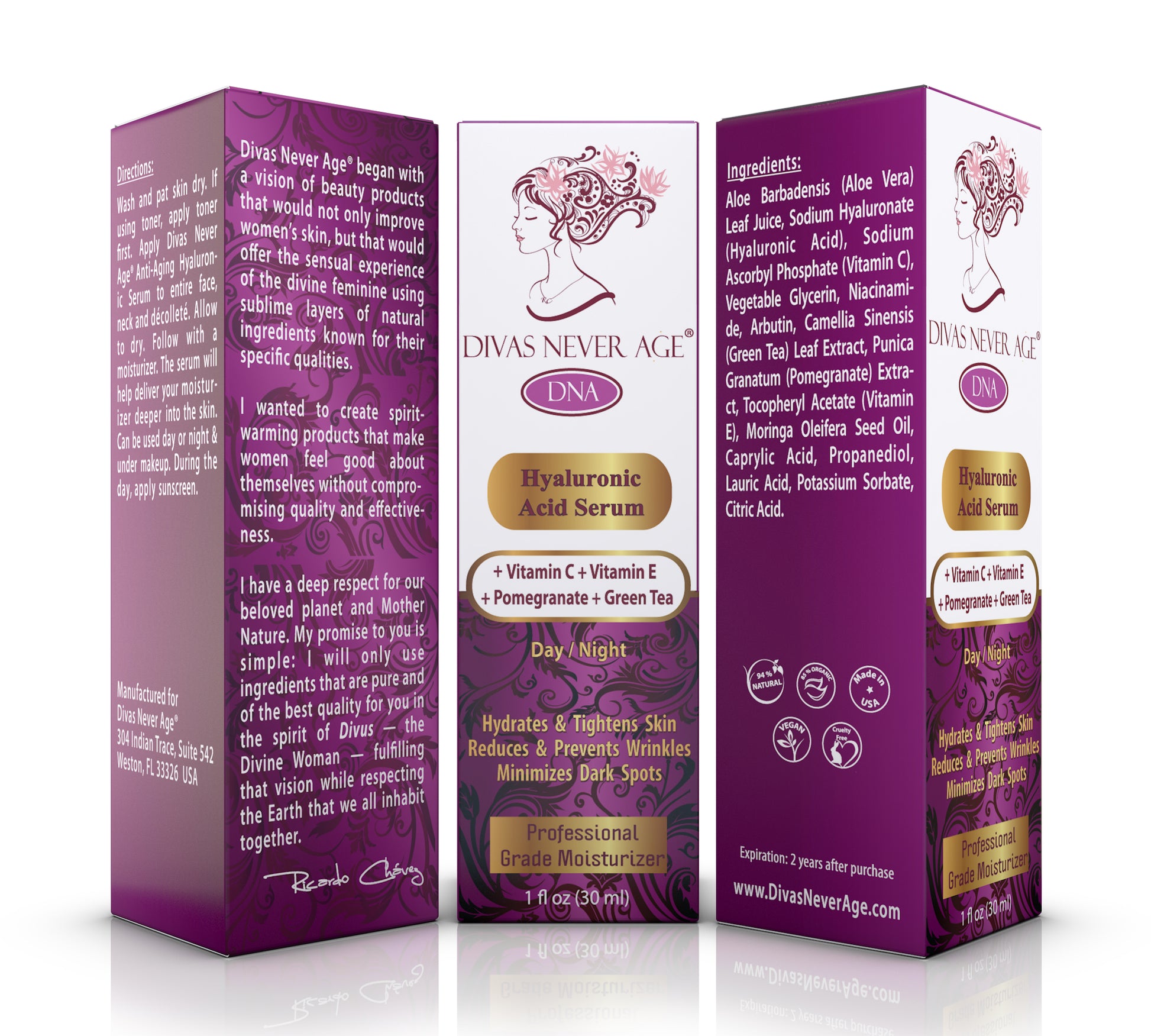 Divas Never Age hyaluronic acid serum with vitamin c, vitamin e, pomegranate, green tea, hydrates and tightens skin, reduces and prevents wrinkles and minimizes dark spots