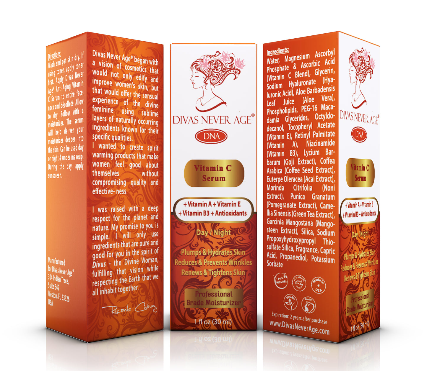 Divas Never Age vitamin c serum with vitamin c, vitamin e, pomegranate, green tea, hydrates and tightens skin, reduces and prevents wrinkles and minimizes dark spots