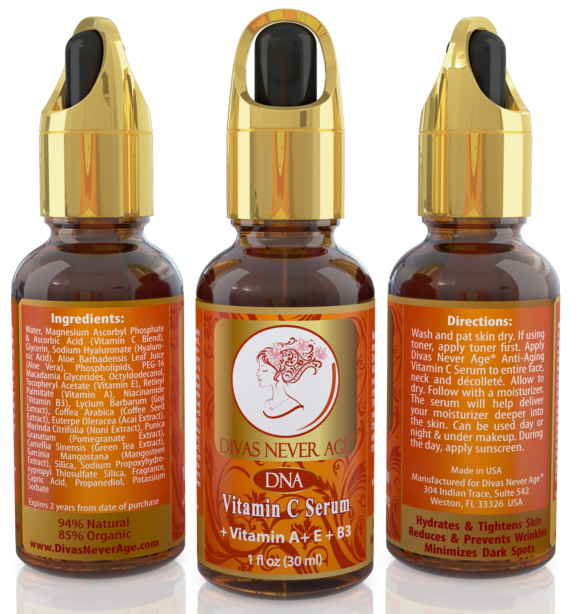 Divas Never Age vitamin c serum with hyaluronic acid, antioxidants and vitamins has natural, organic, vegan and cruelty free ingredients.