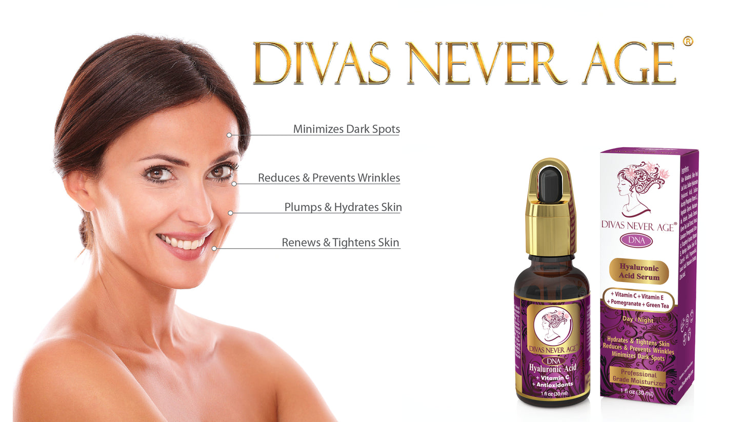 Divas Never Age hyaluronic acid serum will transform your skin, will improve your skin and will eliminate wrinkles, making you feel and look amazingly beautiful and young.