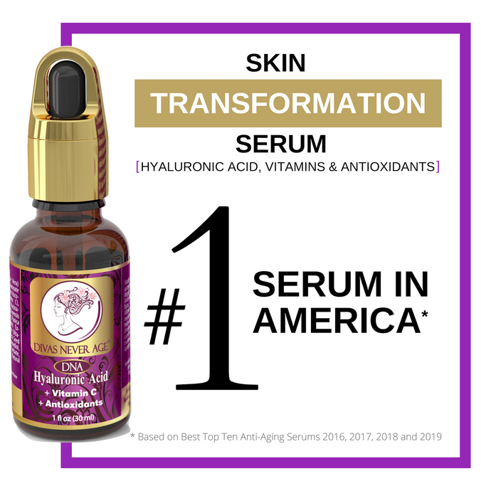 Divas Never Age hyaluronic acid serum, number 1 serum in America. Skin transformation serum.