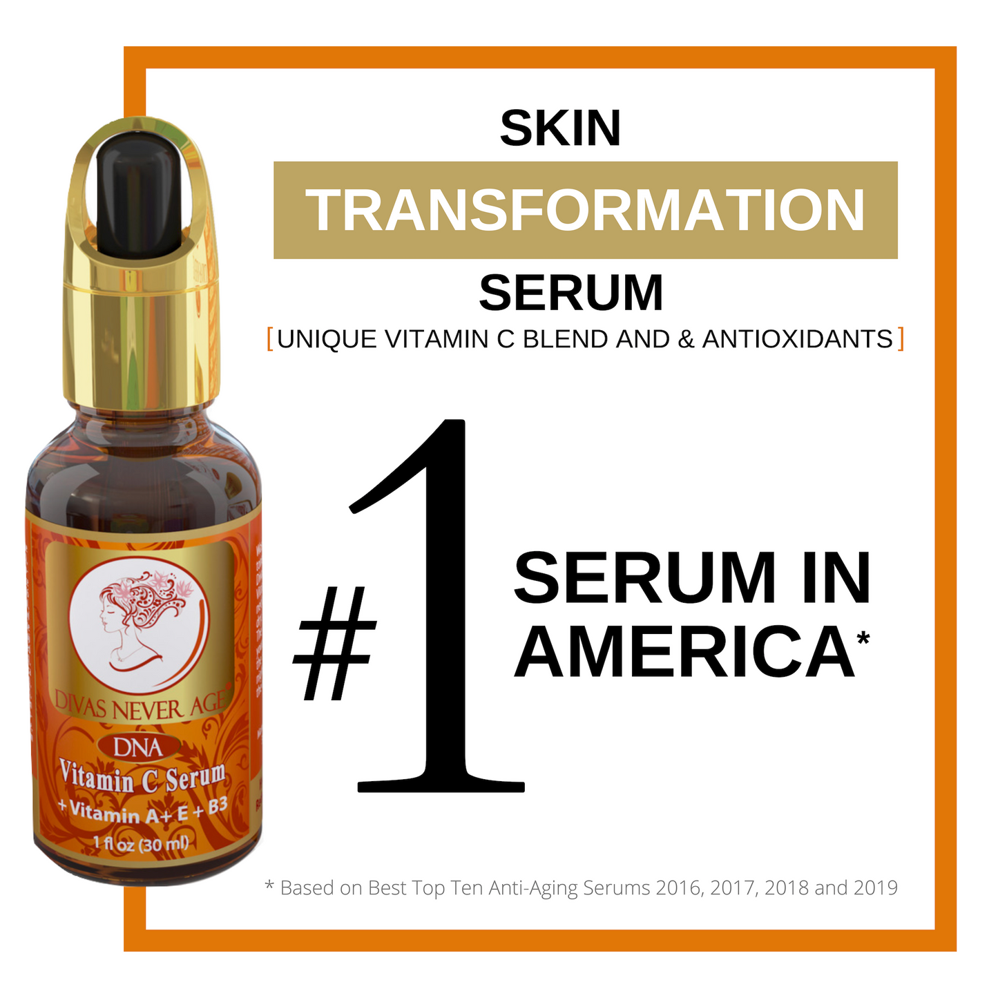 Divas Never Age Vitamin C serum, number 1 serum in America. Skin transformation moisturizer with hyaluronic acid and vitamin C.