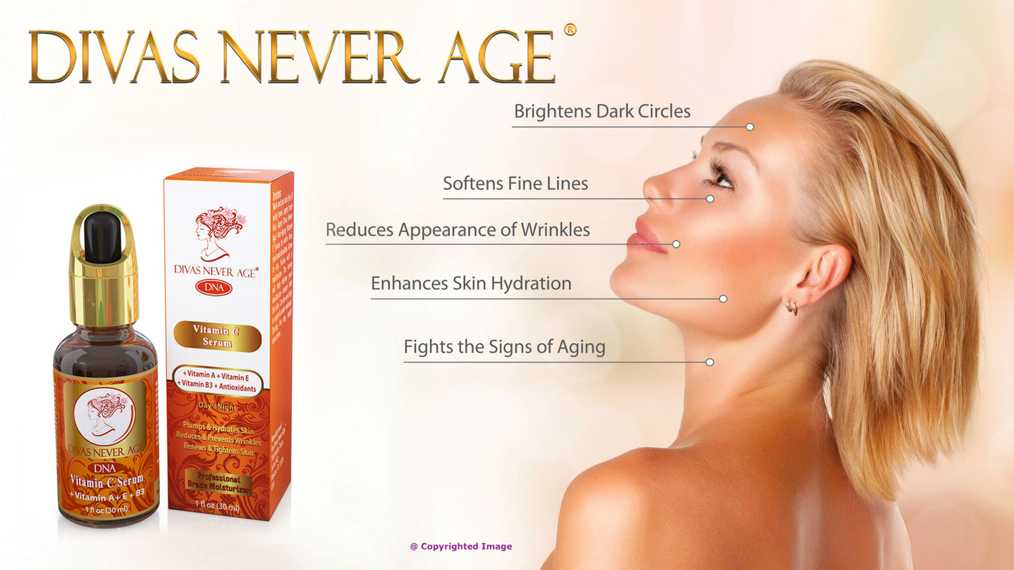 Divas Never Age Vitamin C Serum brightens dark circles, softens fine lines, reduces appearance of wrinkles, enhances skin hydration and fights the signs of aging!